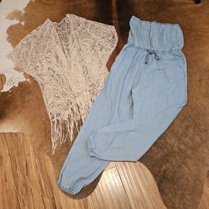 Lace Boho Kimono Strapless Denim Pants Romper Med Large